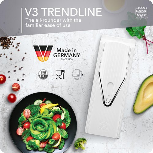 Börner Mandoline Slicer V3 (Basic Set) • V-Slicer for Vegetables & Fruits • Adjustable Kitchen Slicer • 3 Thickness Settings • With Rubber Feet & Stainless Steel V-Blade • Color: White