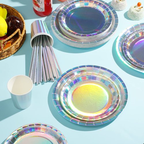 Iridescent Paper Plates and Napkins Set, Disposable Iridescent Paper Plates Cups Knives Spoons Fork Straw for Mermaid Birthday Wedding Party, Serve 100