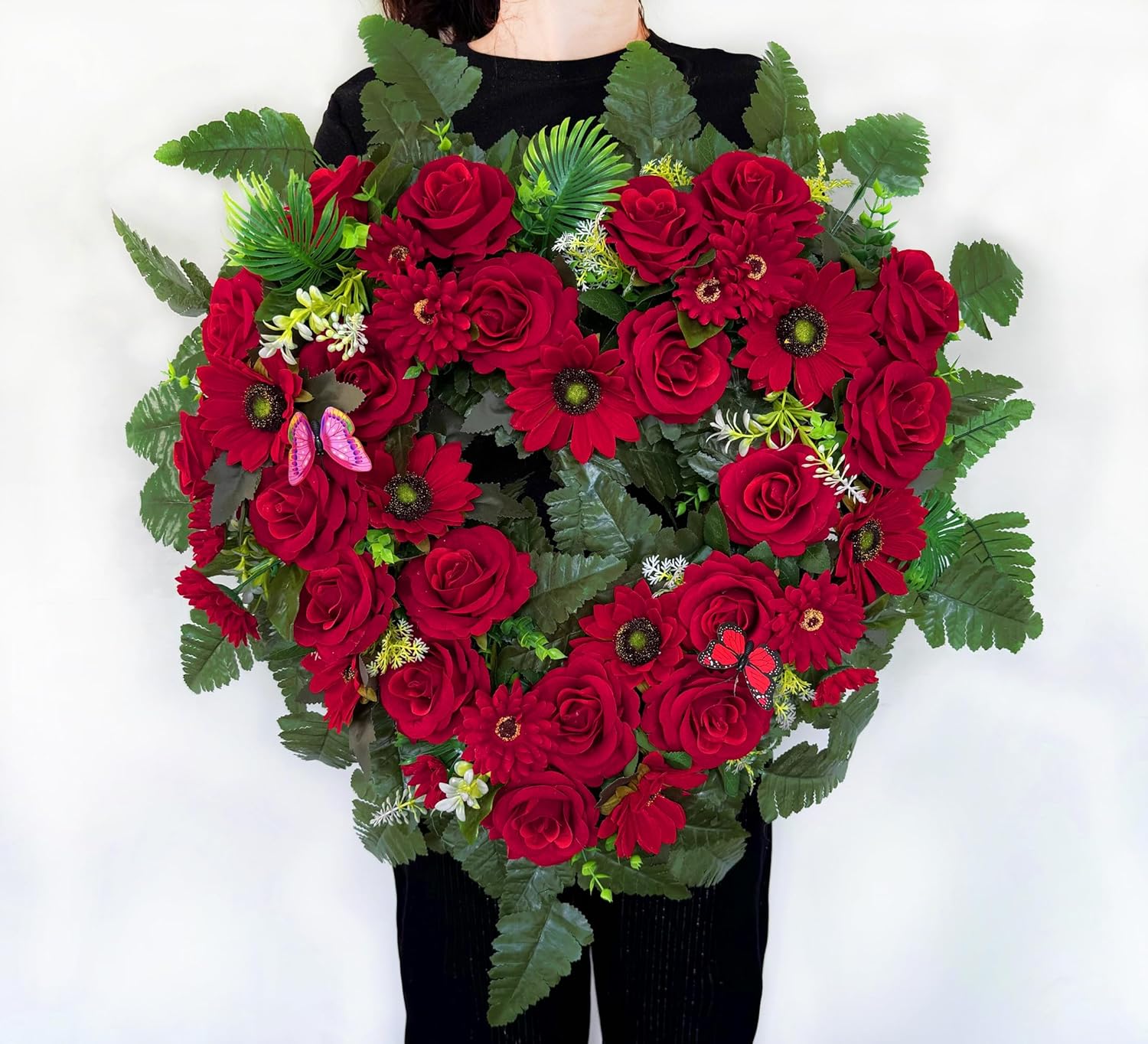 Regine Switzerland Cemetery Wreath - Heart-Shaped Remembrance Floral with 30-Inch Easel Stand | Red Rose