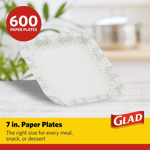 Glad Square Heavy Duty Paper Plates, Soak Proof and Cut Proof Disposable Plates for Parties and Everyday Meals, Microwaveable for Easy Serving, Grey Victorian Pattern, 7 Inch, 50 Count - 12 Pack