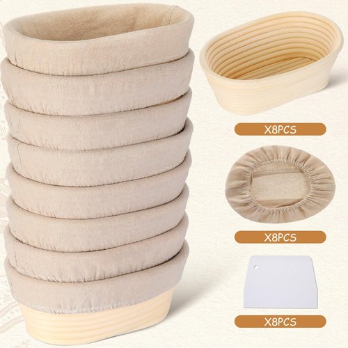 Gejoy Oval Banneton Bread Proofing Basket Set of 8, Sourdough Bread Baking Bowl Kit with Cloth Liners and Dough Scrapers Natural Rattan Banneton Sourdough Bowl Basket for Bakers(8 Inch)