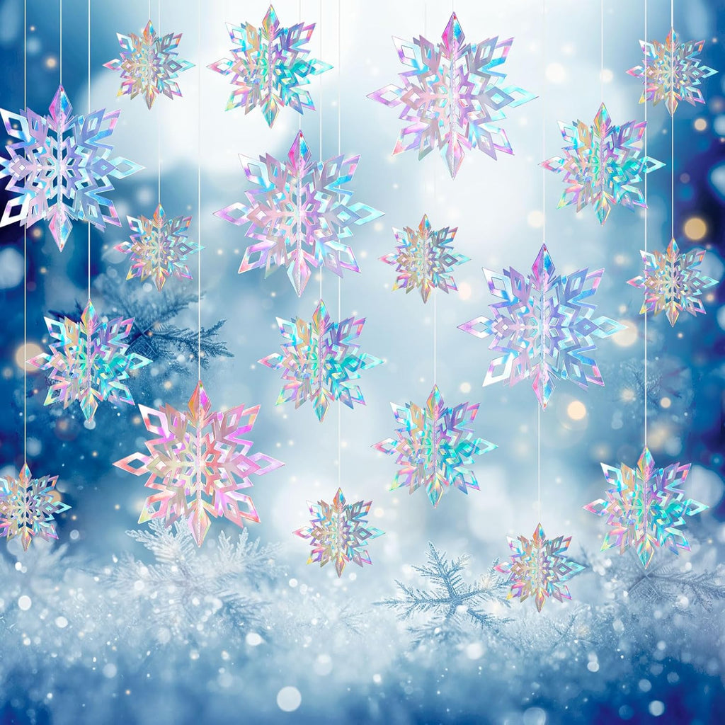 Skiennix 15PCS Christmas Hanging Snowflakes - 3D Iridescent Paper Ornaments for Winter Wonderland Decor