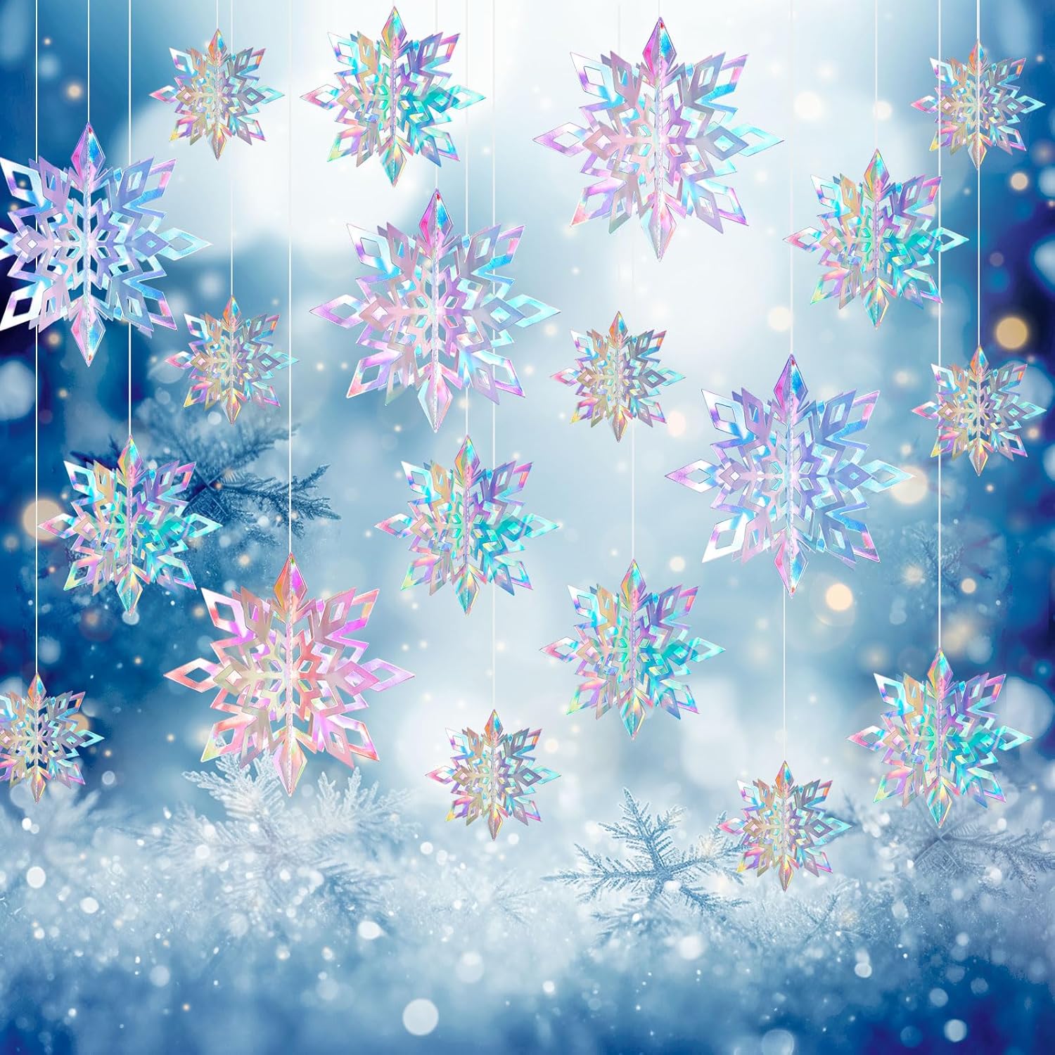 Skiennix 15PCS Christmas Hanging Snowflakes - 3D Iridescent Paper Ornaments for Winter Wonderland Decor