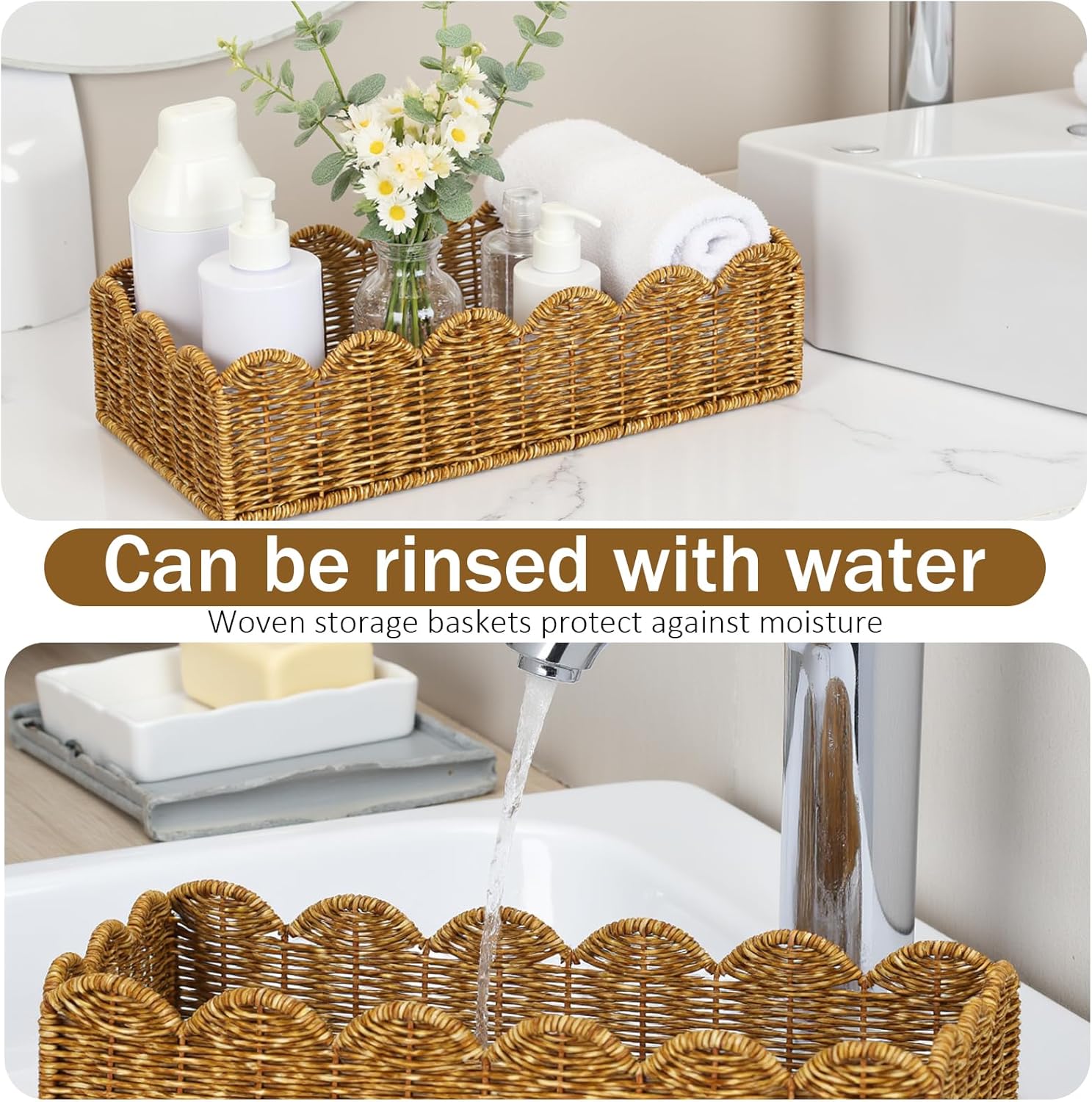Scalloped Toilet Paper Basket - Water-Resistant Handmade Organizer in Natural Tan | Perfect for Scandinavian Kitchens