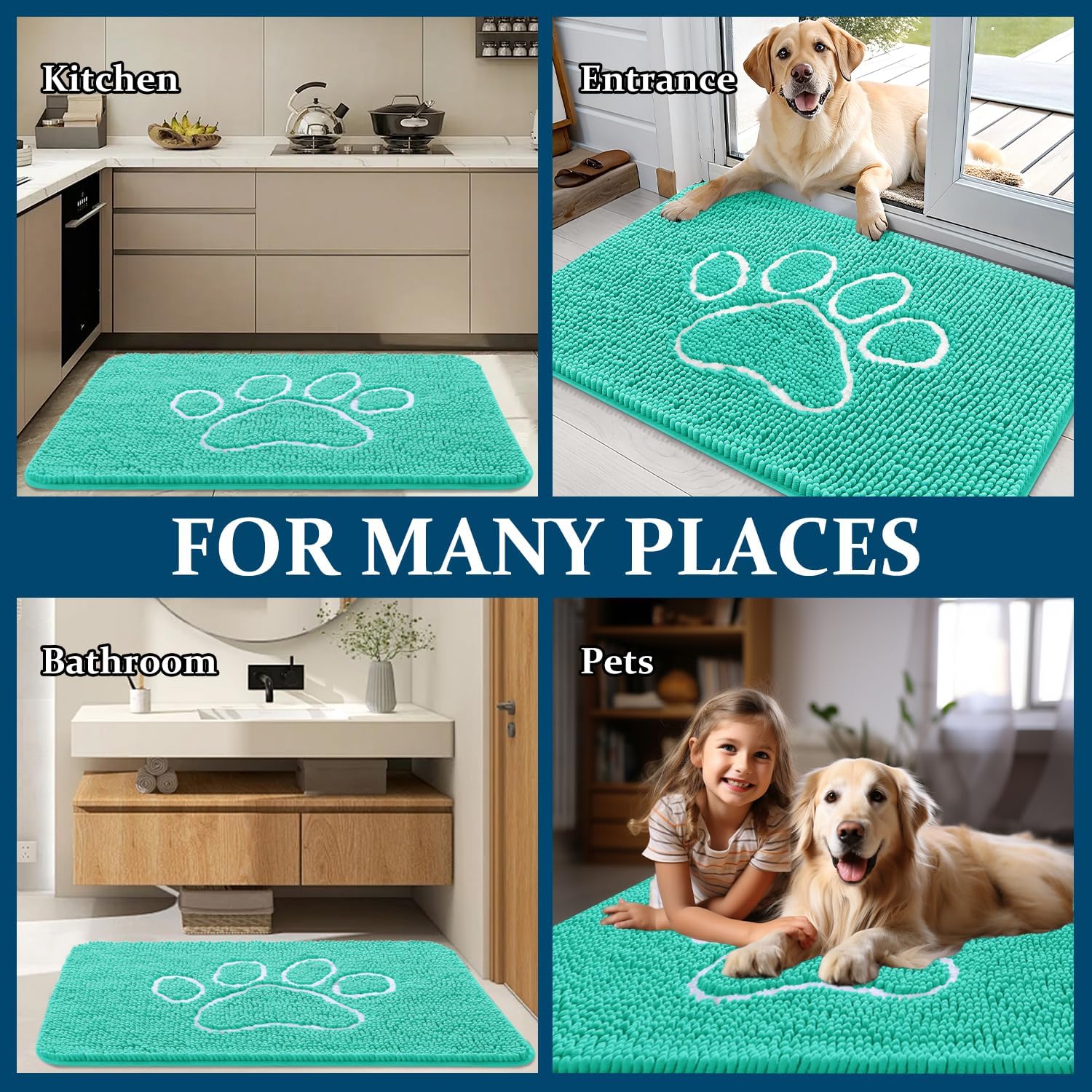 OLANLY Dog Door Mat - Absorbent Non-Slip Chenille for Muddy Paws | 24x16 Teal Paw Print Design