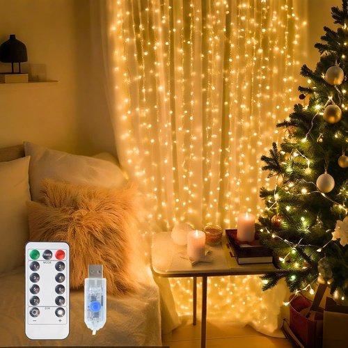 Lemical 300 LED Curtain Lights - 9.8FT x 9.8FT Fairy String Lights with Remote Control | Warm Light for Bedroom & Party Decor