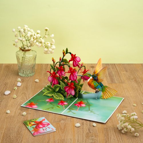 POPWOW Humming Bird Pop Up Card, Fuchsia, 3D Popup Greeting Cards, Gift For Birthday, Mothers Day, Anniversary, Valentines, Thinking Of You, Thank You, 5x7 - Includes Envelope And Message Note