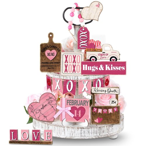 Marsui 19 Pcs Cute Retro Valentine's Day Tiered Tray Decor Set, Cartoon Pink Heart Wood Signs with Retro Be Mine My Love, Valentines Table Decor for Home Kitchen Living Room