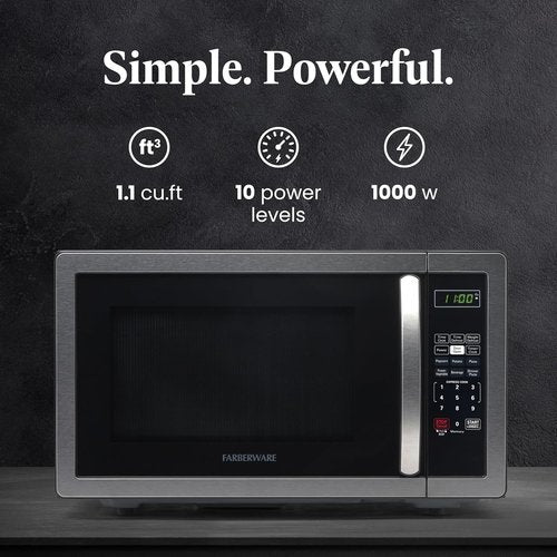 Farberware 1.1 Cu. Ft. Countertop Microwave Oven - 1000 Watts, Auto Cook, Easy Clean, Stainless Steel