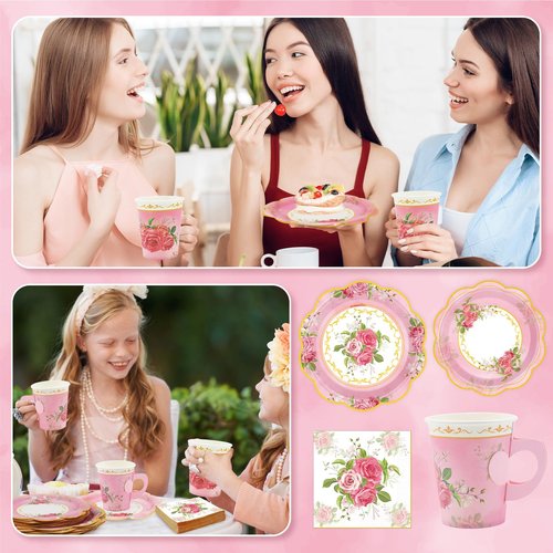 EggSun 200Pcs Floral Tea Cups and Saucers for Tea Party Supplies, Disposable Tea Cups with Handle and Paper Napkins Dinnerware for Floral Theme Birthday Wedding Bridal Shower Baby Shower（Pink）
