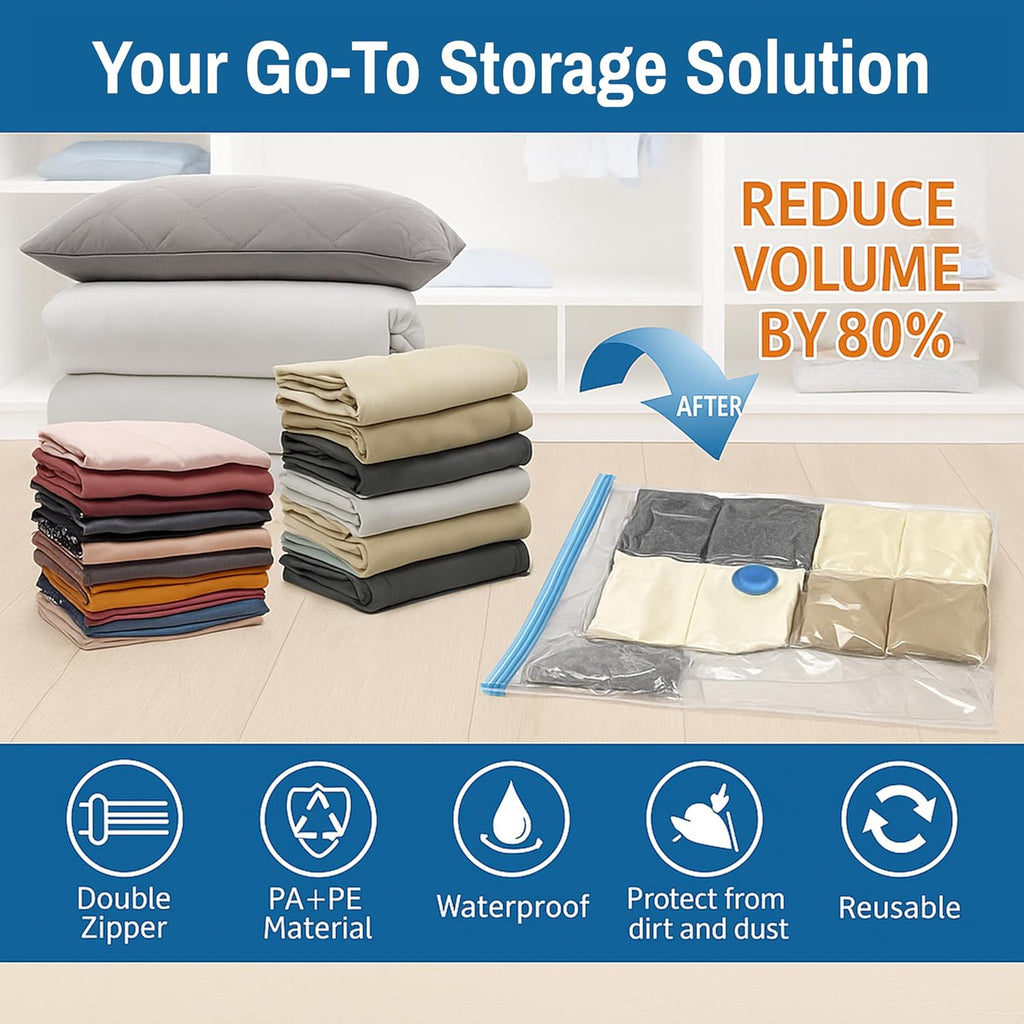 Skiennix Vacuum Storage Bags - 4 Pack Compression Bags for Clothes, Jackets & Suits | Space Saver with Hand Pump (2S & 2L)