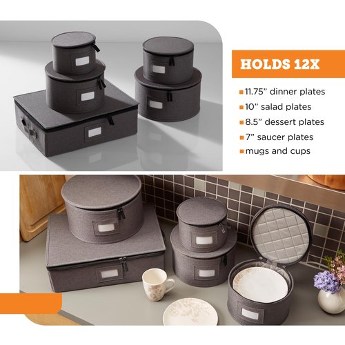 storageLAB China Storage Containers, Hard Shell Case with Felt Dividers for Charger Plates, and Dishes, Ideal for Kitchen Organization, Moving Supplies, and Fine China Storage - 5-Piece Set, Gray