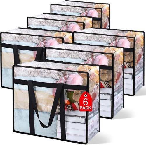 Clear Blanket Storage Bags by Skiennix - 6-Pack Vinyl Organizers with Reinforced Handles | 40L for Bedding, Clothing & Toys