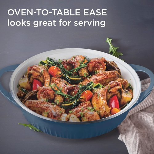 CorningWare QuickHeat 4-QT Cast Aluminum Braiser With Lid, Nonstick Ceramic Interior, Lightweight and Fast Even Heat Baking & Cooking, For Meats, Soup, Browning, Searing, French Navy