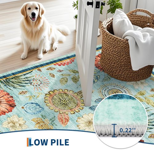 GarveeHome 5x7 Floral Washable Area Rug: Large Living Room Area Rug with Non-Slip Backing Washable Ultra Soft Bedroom Floral Carpet Indoor Stain Resistant Carpet for Dining Room 5 * 7 ft Light Blue