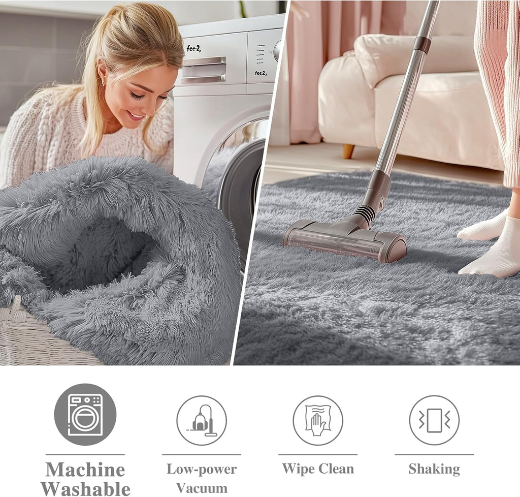 OLANLY Round Light Grey Area Rug - Soft, Fluffy, Machine Washable 2 ft Carpet for Bedroom & Living Room