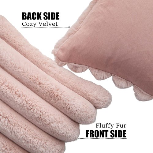 Neelvin Pink Faux Fur Throw Pillow Covers - Cozy Striped Velvet Cushion Cases | 18x18 Inch Set of 2