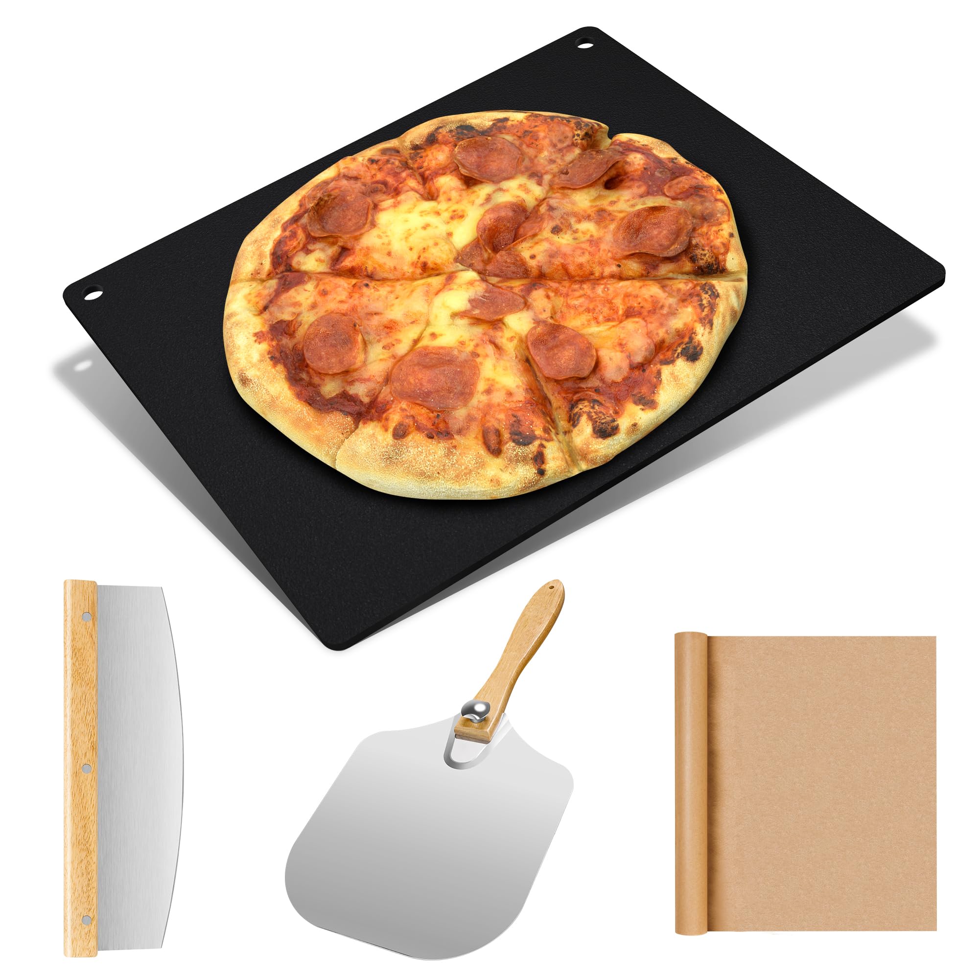 Large Cast Iron Pizza Stone Set for Oven & Grill - 16x13.4x1/4 Inch Steel Pizza Baking Stone, 4 PCS Pizza Making Accessories Kit for Barbecue, Sourdough Bread & Large Pizzas