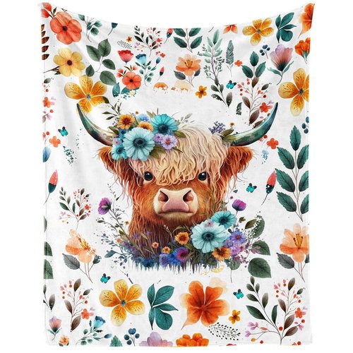 CaomeiWu Highland Cow Blanket, 40"x50" Flannel Cute Highland Cow Themed White Throw, Soft Nap Throw Blanket for Home Boys Girls Women