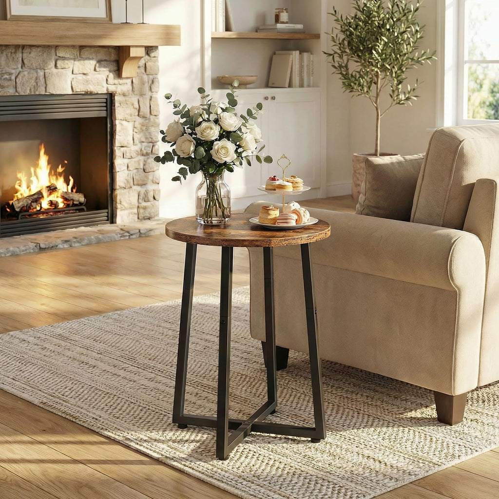 HOOBRO Side Tables Set of 2, Round End Accent Tables with Sturdy Metal Pedestal, 15.7" Round Nightstands, for Living Room, Bedroom, Balcony, Office, Rustic Brown BF95BZP201