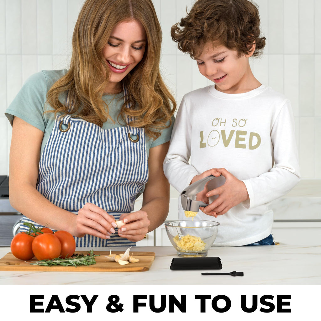 Zulay Kitchen Large Premium Garlic Press Set – Rust Proof & Dishwasher Safe, Bigger Bowl Garlic Mincer Tool with Silicone Garlic Peeler & Brush, Easy Squeeze & Clean, Ergonomic Handle - Silver