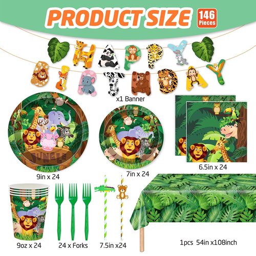 146Pcs Jungle Wild Animal Plates and Napkins Jungle Safari Party Supplies Includes Plates, Napkin, Fork, Cup, Straw, Tablecloth, Banner for Woodland Baby Shower Birthday Party Decorations, Serves 24