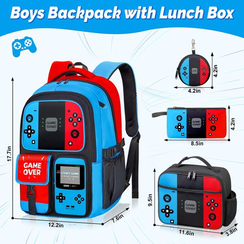 TOWIHUN Gamer Backpack for Boys, 4pcs Gaming Boys Backpack with Lunch Box and Pencil Case for Kids, Video Gamer School Bags