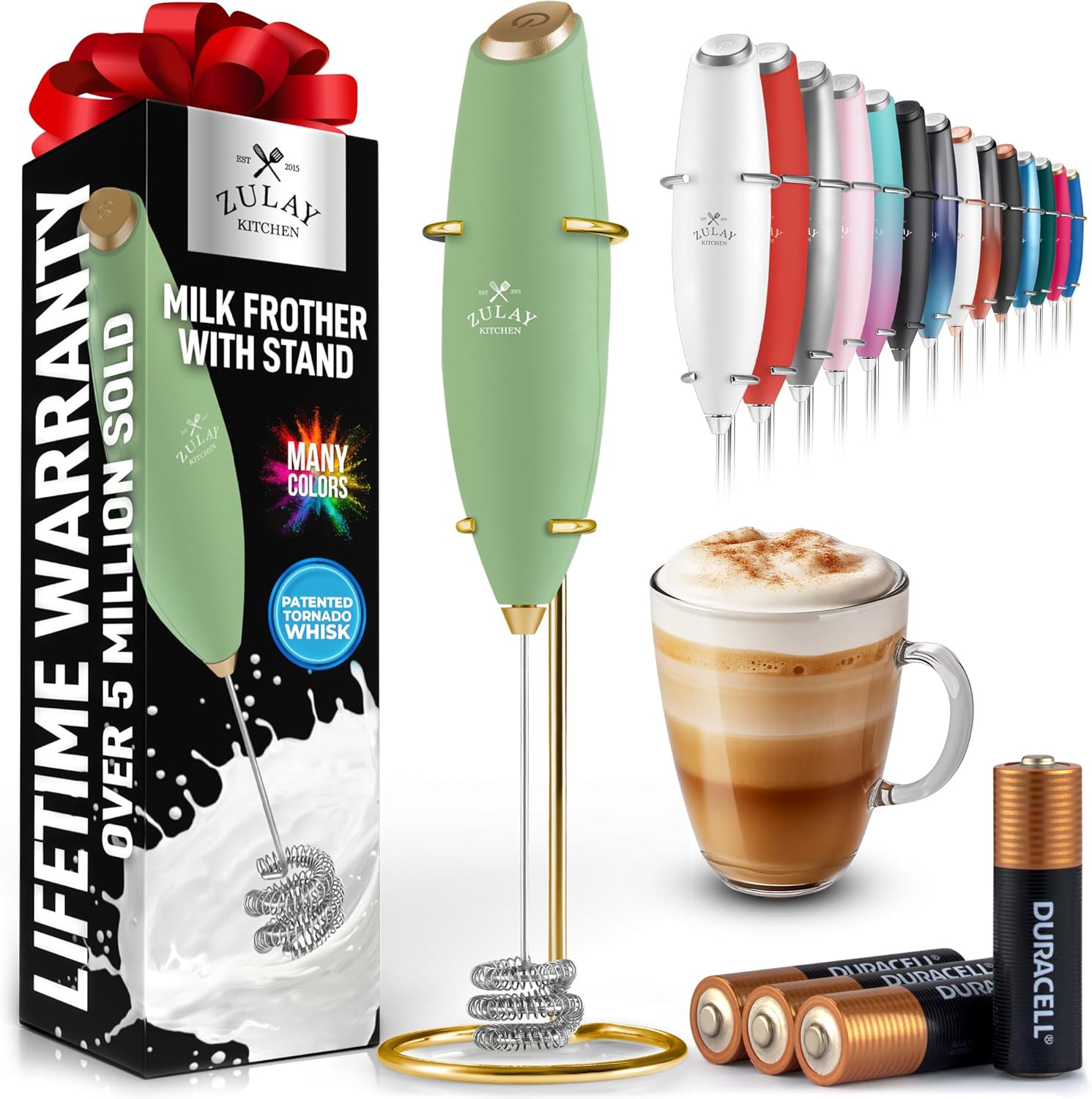 Zulay Kitchen Tornado Triple Whisk Milk Frother - Handheld Foam Maker for Coffee & Lattes - Olive & Gold