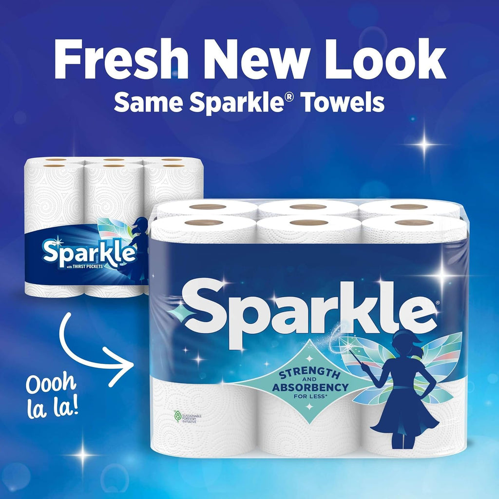 Sparkle Paper Towels - Spirited Print Design, 6 Double Rolls (660 Sheets) - Strong 2-Ply for Kitchen Cleanup