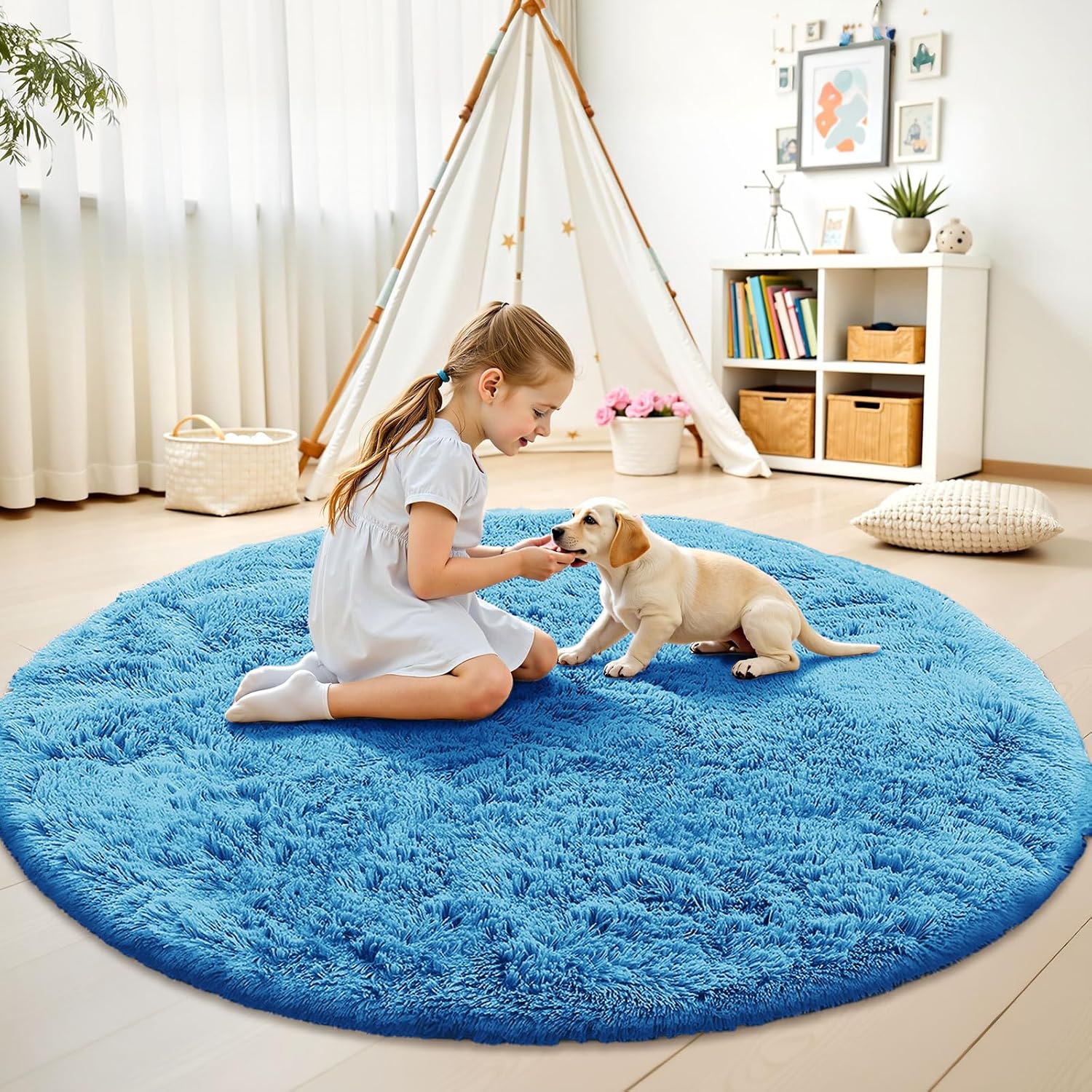 OLANLY Round Bright Blue Area Rug - Soft, Fluffy, Machine Washable 9 ft Carpet for Bedroom & Living Room