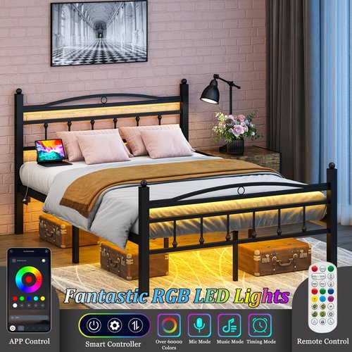Jenmit Full Size Bed Frame with Headboard,Metal Platform Bed Frame with Charging Station & LED Lights,12in Storage Space Under Bed, No Box Spring Needed, Noise Free, Easy Assembly, Black
