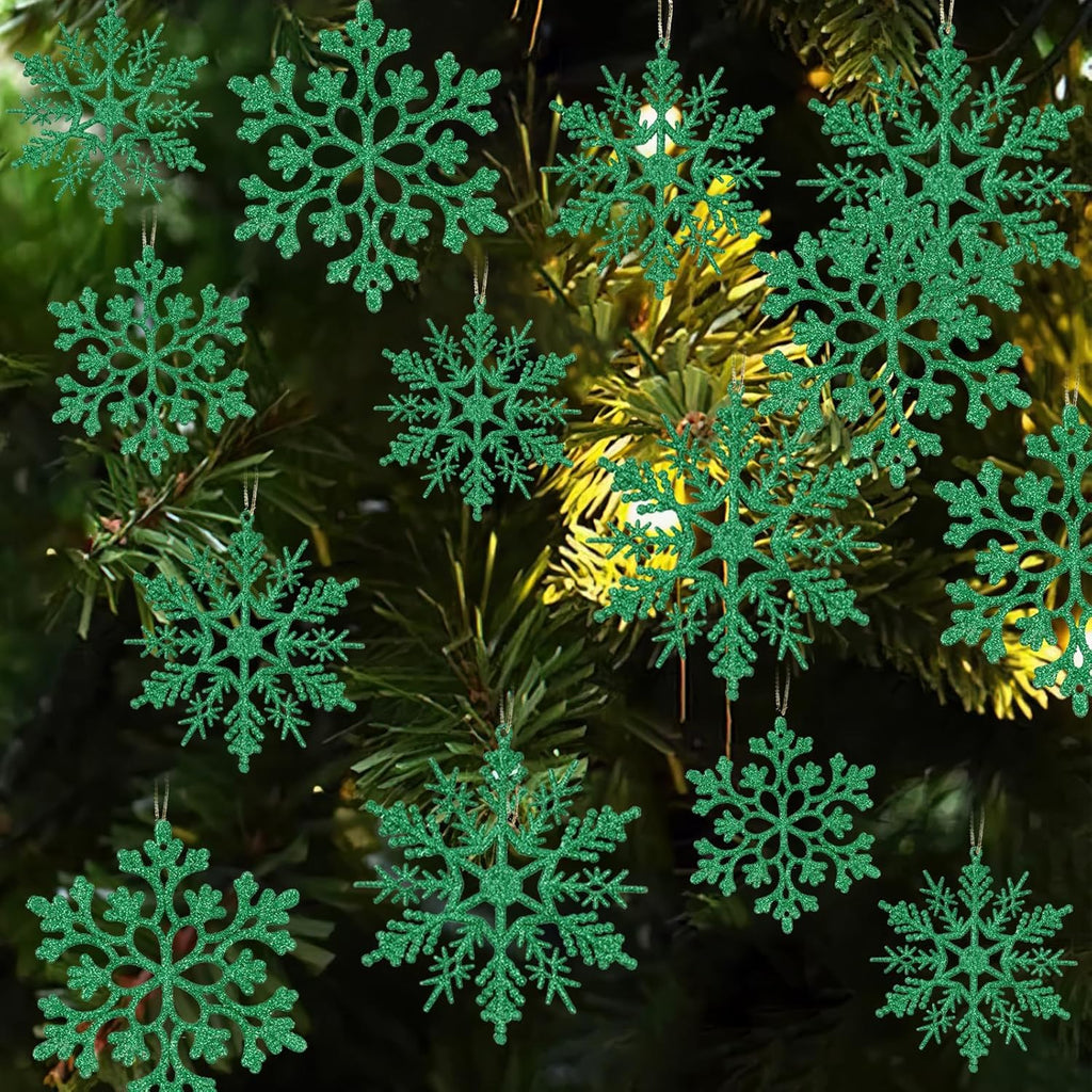 Skiennix Dark Green Christmas Snowflake Ornaments - 36Pcs Glitter Hanging Decor for Winter Wonderland