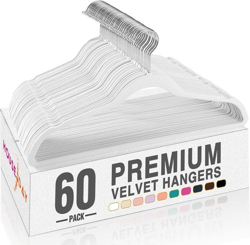 HOUSE DAY White Velvet Hangers - 60 Pack Non-Slip Heavy Duty Felt Hangers for Closet Organization | 360° Rotating Silver Hook