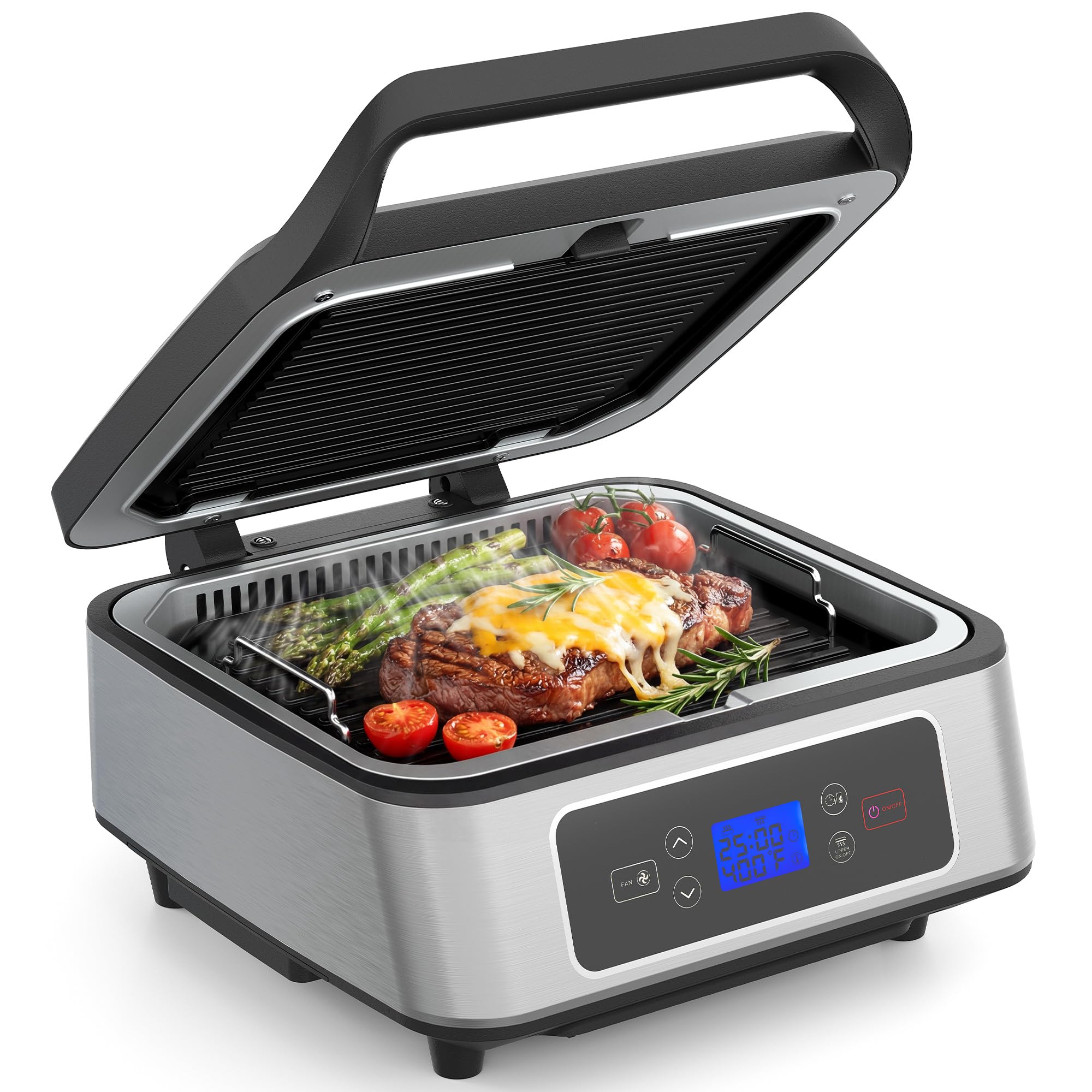 Sunvivi Indoor Grill, 1300W Smokeless Grill Indoor with Auto-Lift, Electric Griddle Nonstick with Removable Plates, Independent Upper Heating, Smart Time & Temperature Control, Easy to Clean and Store