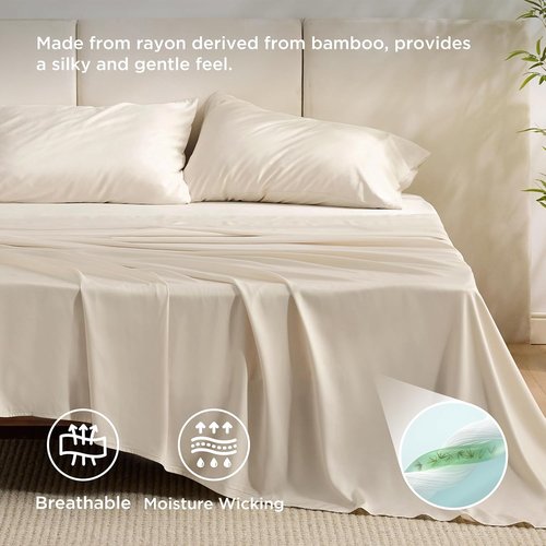 Bedsure Cooling California King Sheet Set - Breathable Rayon from Bamboo, Soft & Silky, Light Beige