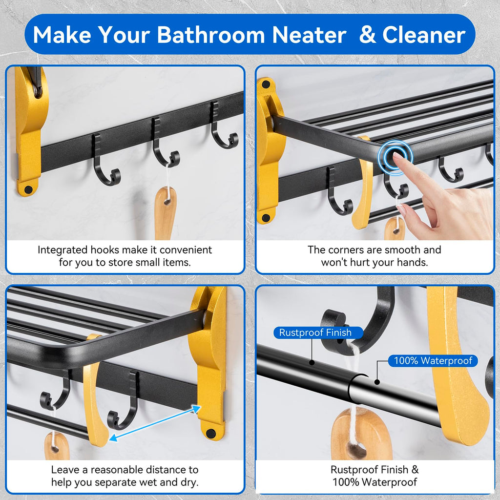 Towel Rack for Bathroom Wall Mounted, 22.8 Inch Foldable Towel Bar，Rustproof Sturdy Bathroom Towel Holder, No Assembly Needed ，Black Gold ﻿