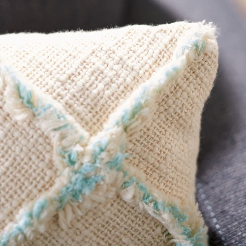 SAFAVIEH Home Collection Ashlin Beige/Teal Trellis Fringe 12 x 20-inch Rectangle Decorative Accent Throw Pillow (Insert Included) PLS6526J-1220, 12"x22"