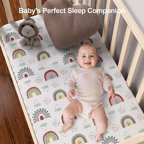IOCCLH Pack N Play Sheets Fitted, 2-Pack Fit for Standard Pack N Play Mattress, Mini Crib Sheets,Breathable Soft Unisex Playard Sheets (Polar Bear & Green Rainbow)