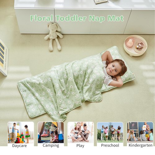 Toddler Nap Mat with Pillow and Blanket,Soft Slumber Bags for Girls,Kids Sleeping Bags with Roll Up Design,Green Floral Nap Mats for Preschool,Daycare,Kindergarten,Fits Ages 3-6 Years Old-Green