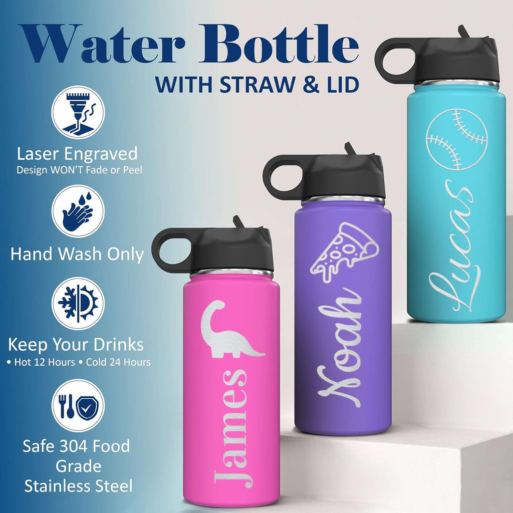 Skiennix Personalized Boys Water Bottle - Insulated Stainless Steel with Flip Top Lid & Straw - 18 oz.