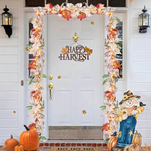 Thanksgiving Garland with Lights 9FT Plug in Thanksgiving Decorations for Home with 50 Warm Incandescent Bulbs UL Certified Connectable Lighted Fall Garland for Indoor Outdoor Harvest Decorations