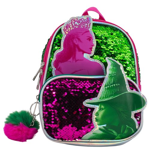 AI ACCESSORY INNOVATIONS Wicked 9” Micro Mini Backpack Purse Featuring Glinda & Elphaba 3D Character Patches, Shiney Sequins, & Pompom Dangle