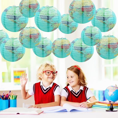 Songjum 14Pcs World Map Paper Lanterns Classroom Decorations 10 in and 8 in Classroom Hanging Ceiling Decor Earth Globe Lantern Fans for Back to School Around Travel Earth Theme Party Decor Supplies
