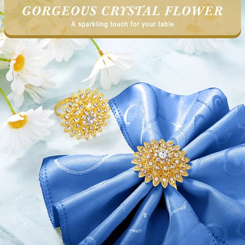 Geiserailie 80 Pcs Gold Flower Napkin Rings Alloy Floral Crystal Rhinestone Bling Holiday Shiny Napkins Ring Holders for Wedding Bridal Valentine's Day Birthday Dinner Party Table Home Decoration