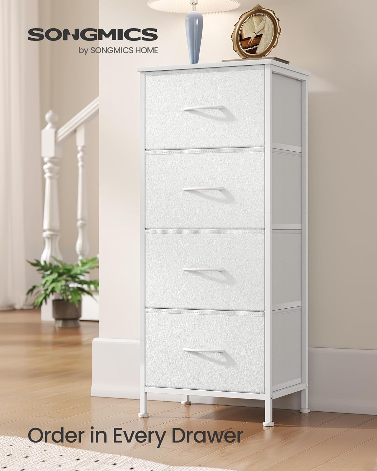 SONGMICS Dresser - Stylish Chest of Drawers with 4 Non-Woven Fabric Bins | Cloud White & Snow White