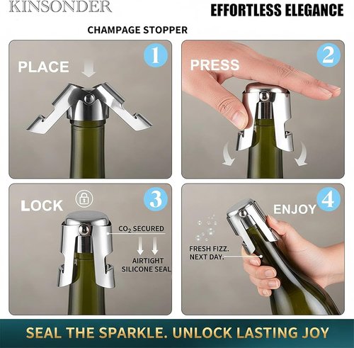 2 Pcs Champagne Stoppers – Premium Stainless Steel Clamping Sparkling Wine Saver – Leak-Proof, Airtight Sealer Keeps Fizz for Days – Fits Prosecco,Cava,Crémant & Sparkling Cider