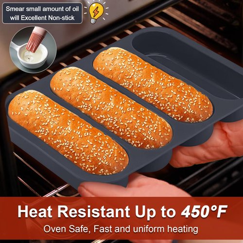 GDDGCUO Silicone Hotdog Bun Pan, 6 Inch Standard Hot dog Bun Mold, 4 Cup Non-stick Homemade Hotdog Bun Baking Pans, Mini Baguette Pans, Dishwasher Safe, 2 Pcs (Grey)