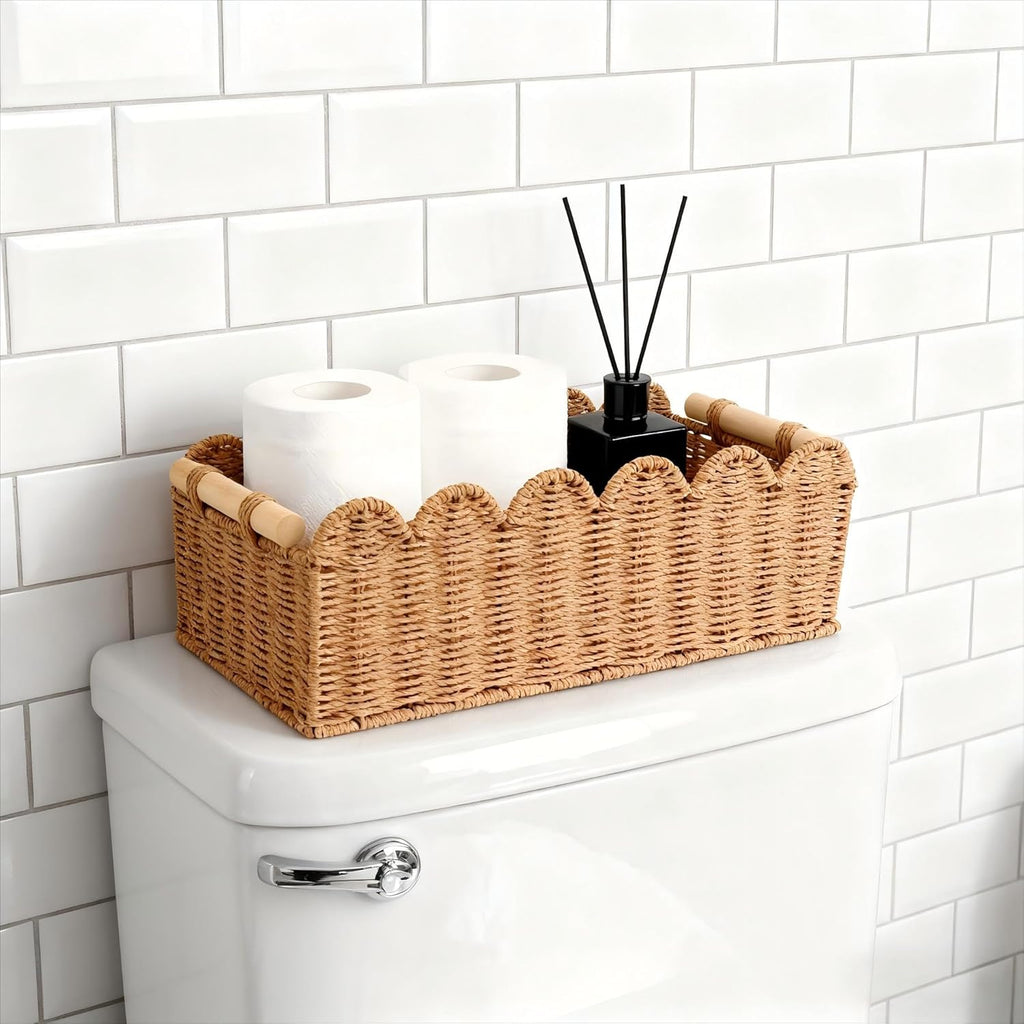 Scalloped Organizer Basket - Hand Woven Paper Rope Toilet Tank Storage with Wooden Handle | 14.2 x 6.5 x 5 Inches