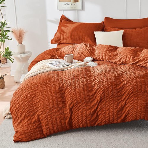 HYMOKEGE California King Comforter Set - Luxurious Burnt Orange Seersucker, 7-Piece All-Season Bedding Set
