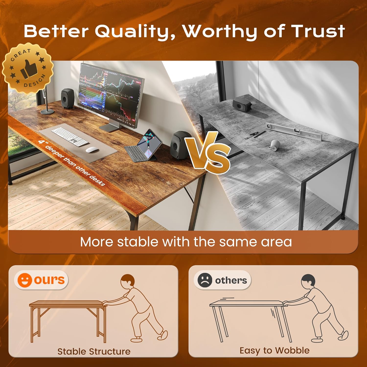 PRAISUN Computer Desk - 47" X 24" Rustic Brown Gaming & Office Writing Desk with Metal Frame